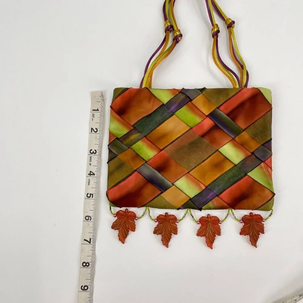 Courtney Taylor Satin Woven Acrylic Leaf Fall Art to Wear Mini Purse Satchel - Picture 6 of 8